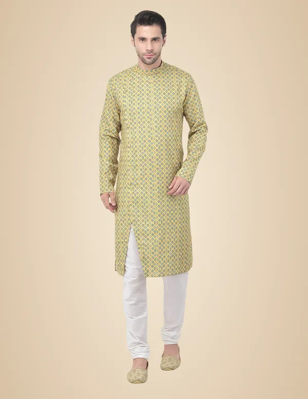 Yellow_Cotton_Yellow_Full_Sleeve_Regular_Jacquard_Kurta_For_Men