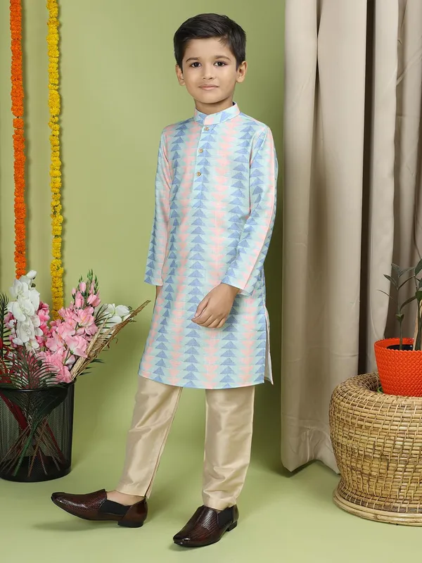 Green_Cotton_Full_Sleeve_Regular_Fit_Printed_Green_Kurta_Churidar_Set_For_Boy
