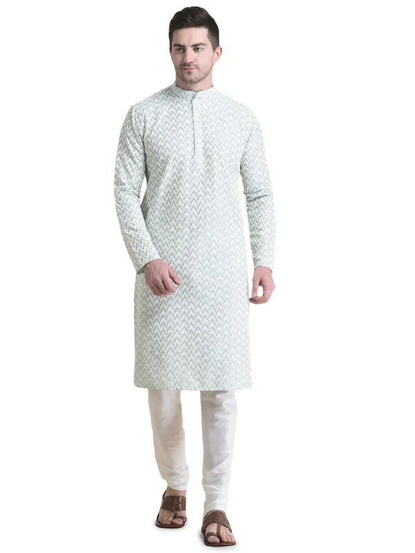 Green_Cotton_Full_Sleeve_Regular_Fit_Chikankari_Embroidery_Kurta_For_Men