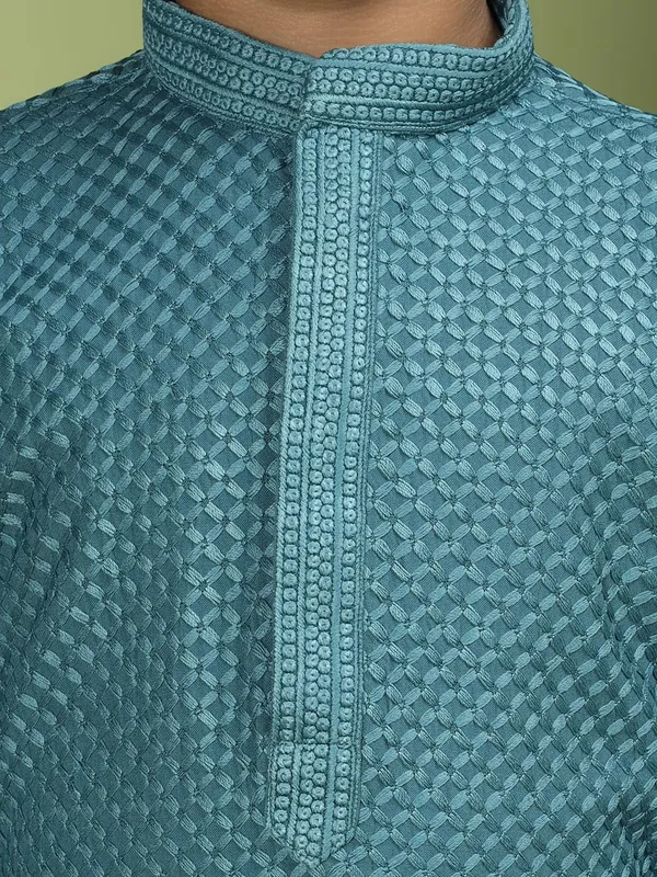 Green_Cotton_Full_Sleeve_Regular_Fit_Embroidery_Green_Kurta_Churidar_Set_For_Boy