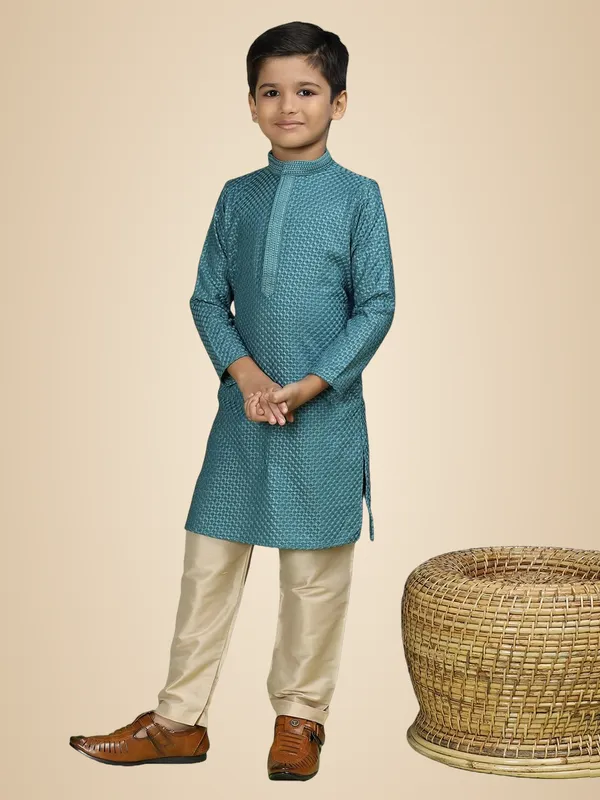 Green_Cotton_Full_Sleeve_Regular_Fit_Embroidery_Green_Kurta_Churidar_Set_For_Boy