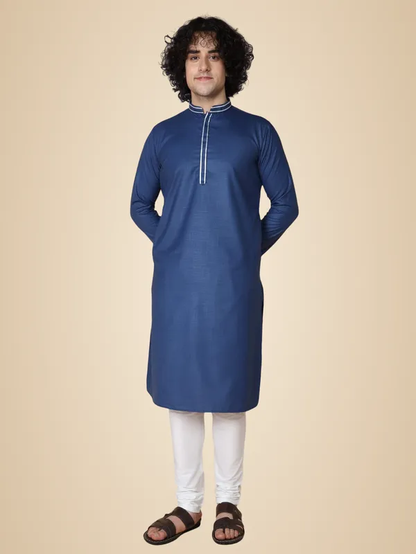 Blue_Cotton_Full_Sleeve_Regular_Fit_Plain_Kurta_For_Men