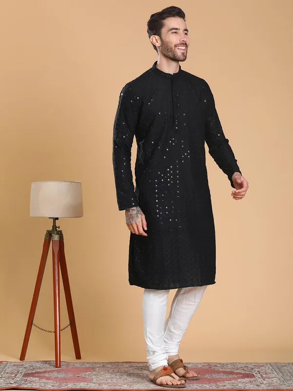 Black_Cotton_Full_Sleeves_Regular_Embroidery_Black_Kurta_Set_For_Men