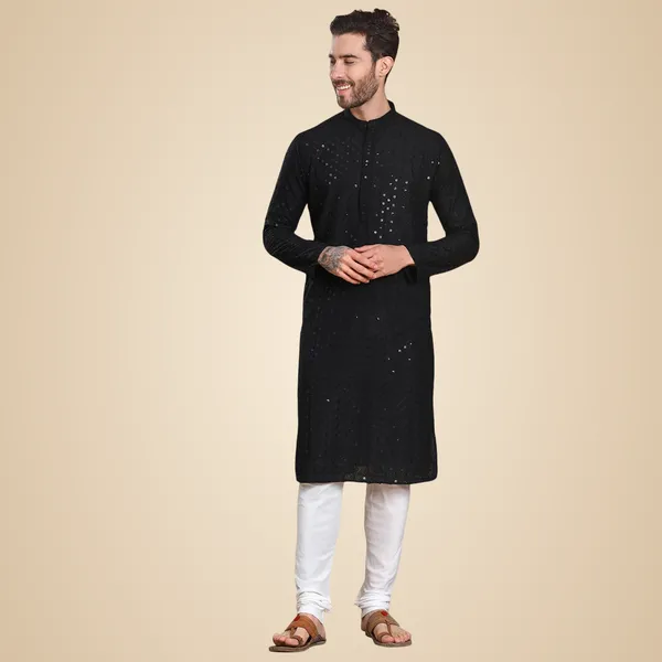 Black_Cotton_Full_Sleeves_Regular_Embroidery_Black_Kurta_Set_For_Men
