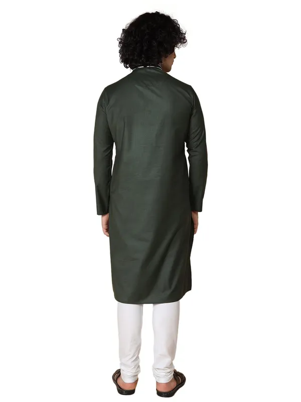 Green_Cotton_Full_Sleeves_Regular_Plain_Kurta_Churidar_Set_For_Men
