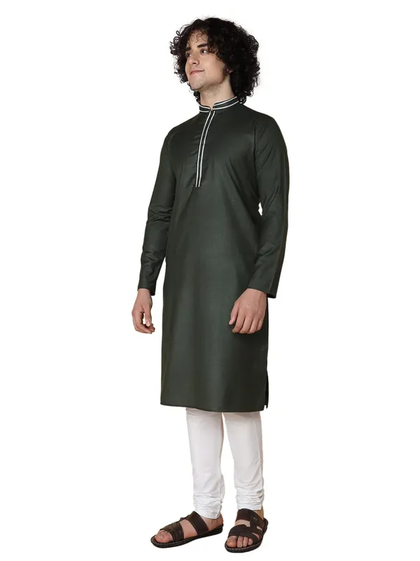 Green_Cotton_Full_Sleeves_Regular_Plain_Kurta_Churidar_Set_For_Men