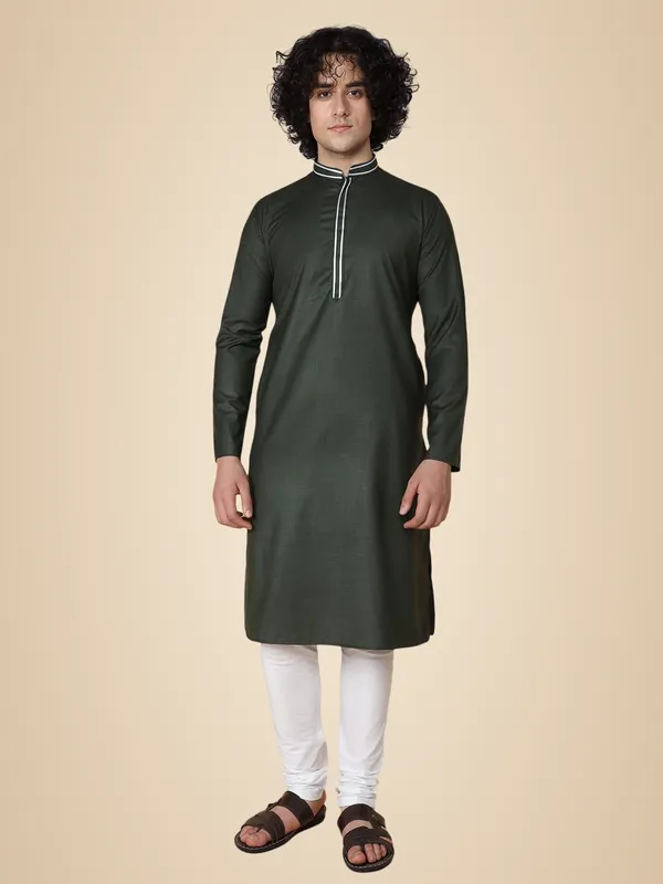Green_Cotton_Full_Sleeves_Regular_Plain_Kurta_Churidar_Set_For_Men