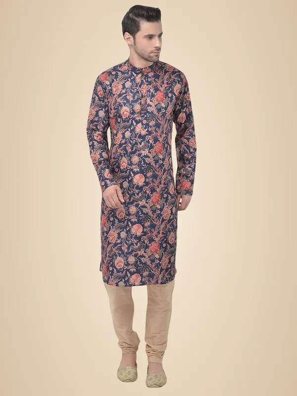 Blue_Regular_Fit_Cotton_Kurta_Ͽ�_Beige_Colour_Full_Sleeves_For_Men