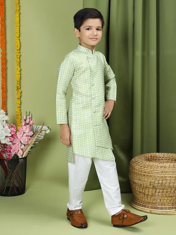 Green_Cotton_Full_Sleeve_Regular_Fit_Printed_Green_Kurta_Churidar_Set_For_Boy