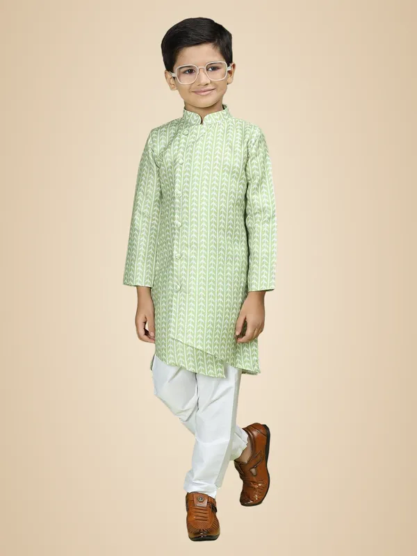 Green_Cotton_Full_Sleeve_Regular_Fit_Printed_Green_Kurta_Churidar_Set_For_Boy