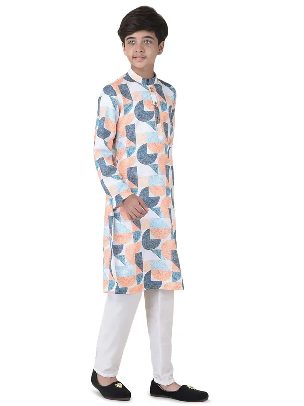 Orange_Cotton_Full_Sleeve_Regular_Fit_Printed_Kurta_Churidar_For_Kids
