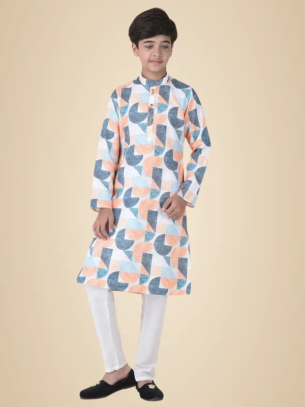 Orange_Cotton_Full_Sleeve_Regular_Fit_Printed_Kurta_Churidar_For_Kids