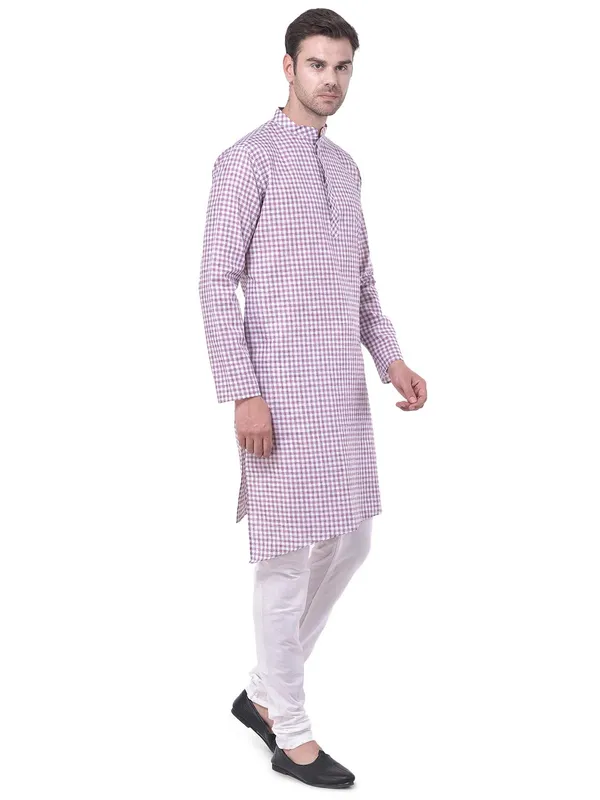 Blue_Cotton_Linen_Full_Sleeves_Regular_Checks_Kurta_Churidar_Set_For_Men