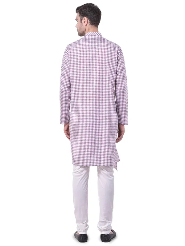 Blue_Cotton_Linen_Full_Sleeves_Regular_Checks_Kurta_Churidar_Set_For_Men