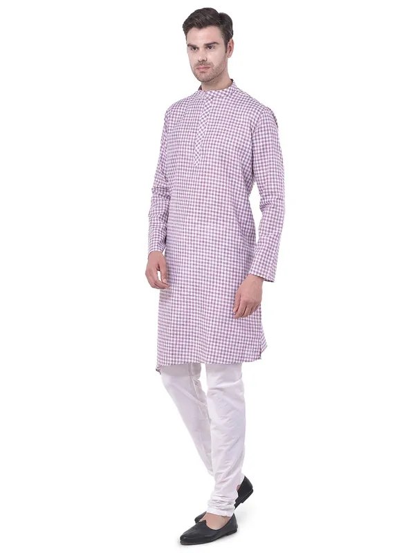 Blue_Cotton_Linen_Full_Sleeves_Regular_Checks_Kurta_Churidar_Set_For_Men