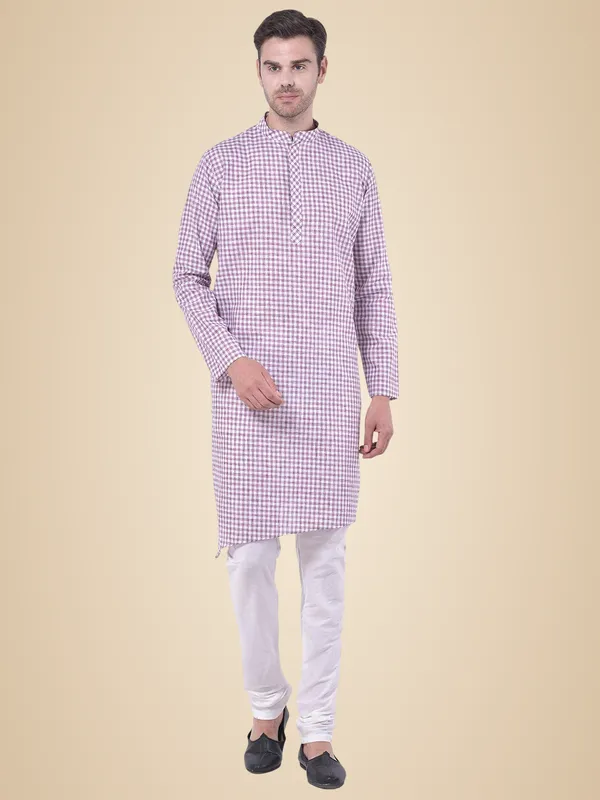 Blue_Cotton_Linen_Full_Sleeves_Regular_Checks_Kurta_Churidar_Set_For_Men