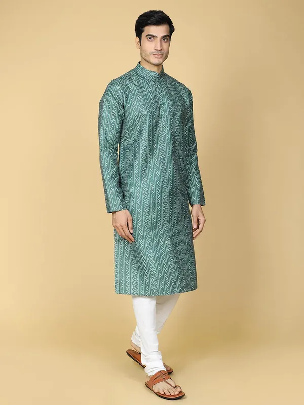 Green_Cotton_Full_Sleeves_Regular_Printed_Kurta_Set_For_Men
