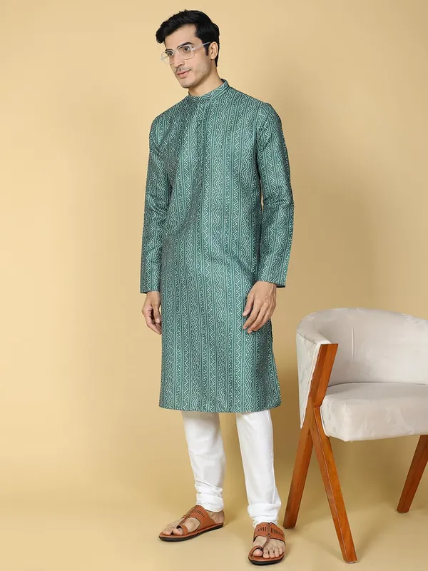 Green_Cotton_Full_Sleeves_Regular_Printed_Kurta_Set_For_Men