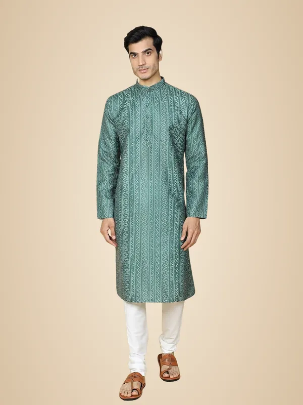 Green_Cotton_Full_Sleeves_Regular_Printed_Kurta_Set_For_Men