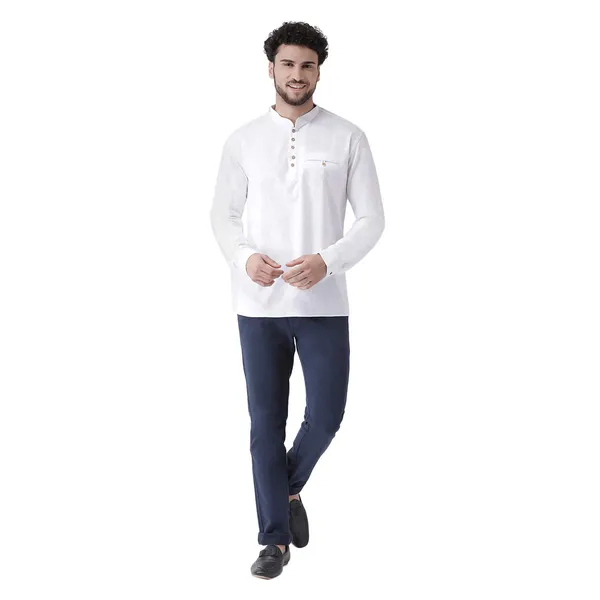 White_Cotton_White_Full_Sleeve_Regular_Fit_Plain_Short_Kurta_For_Men