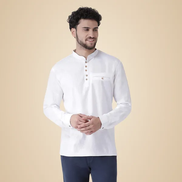 White_Cotton_White_Full_Sleeve_Regular_Fit_Plain_Short_Kurta_For_Men