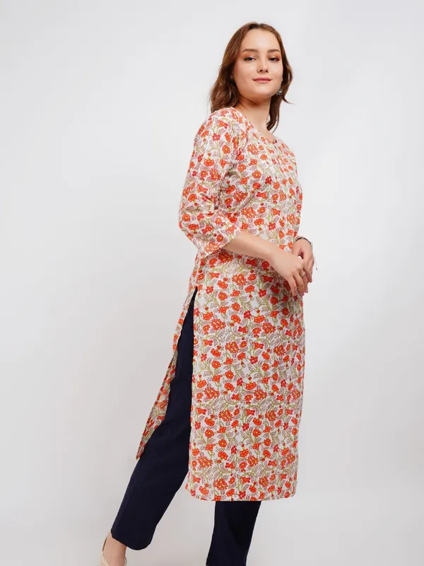 Orange_Floral_Print_Kurta