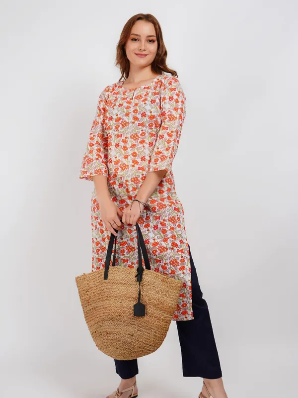 Orange_Floral_Print_Kurta