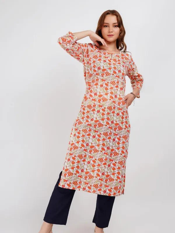 Orange_Floral_Print_Kurta