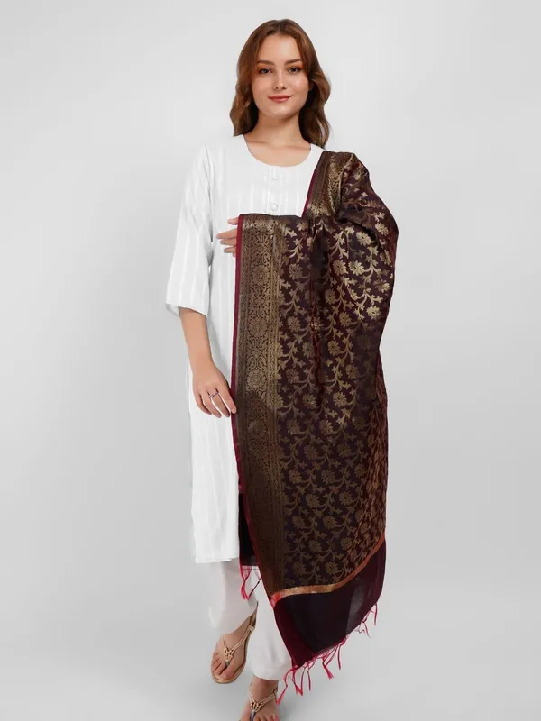 Brown_Woven_Design_Banarasi_Silk_Dupatta