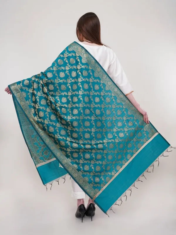 Teal_Woven_Design_Banarasi_Silk_Dupatta