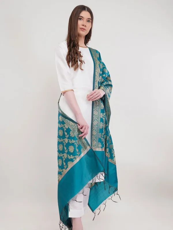 Teal_Woven_Design_Banarasi_Silk_Dupatta