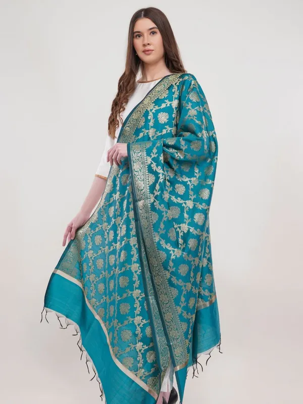 Teal_Woven_Design_Banarasi_Silk_Dupatta