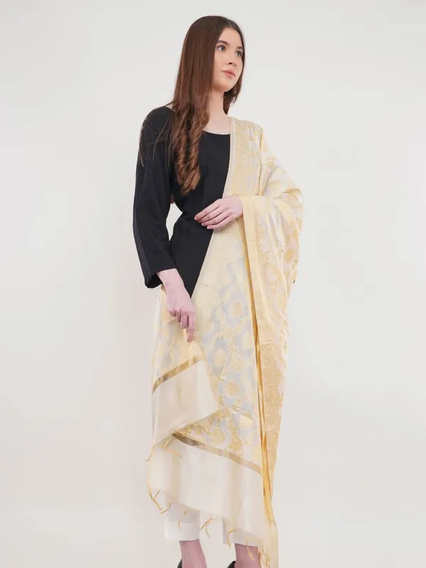 White_Woven_Design_Gold_Toned_Banarasi_Silk_Dupatta