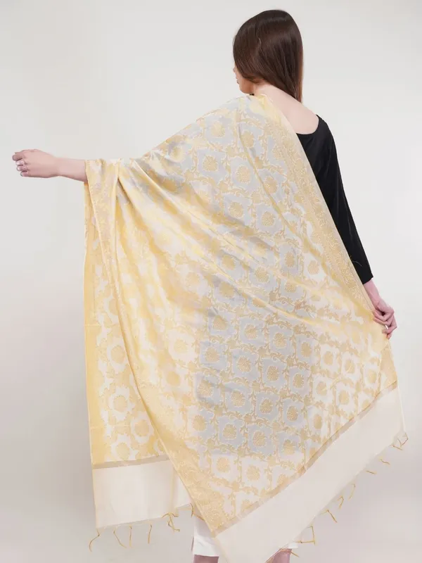 White_Woven_Design_Gold_Toned_Banarasi_Silk_Dupatta