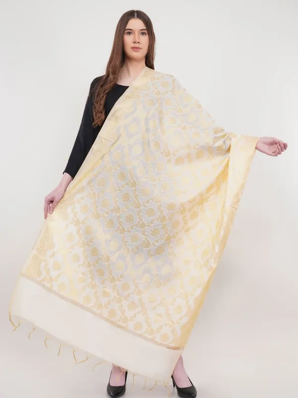 White_Woven_Design_Gold_Toned_Banarasi_Silk_Dupatta