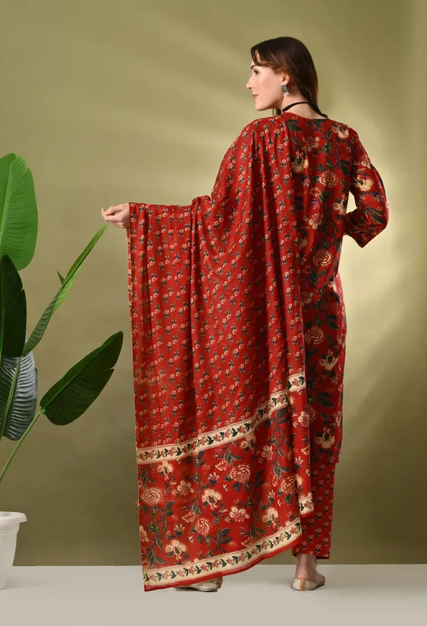 Maroon_Floral_Round_Neck_Kurta_Sets_With_Dupatta_For_Women