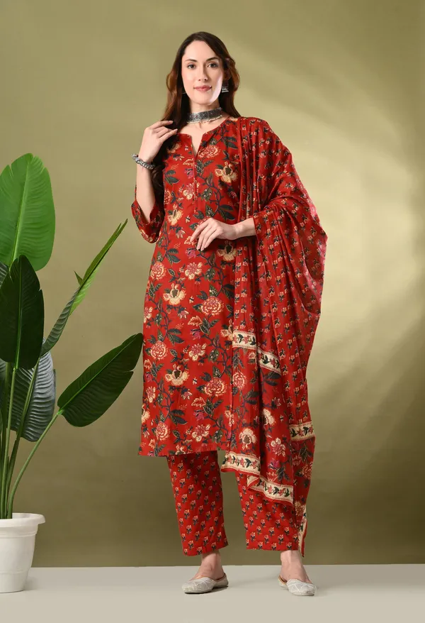 Maroon_Floral_Round_Neck_Kurta_Sets_With_Dupatta_For_Women