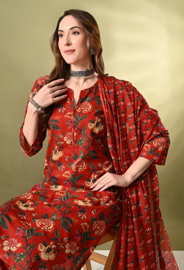 Maroon_Floral_Round_Neck_Kurta_Sets_With_Dupatta_For_Women