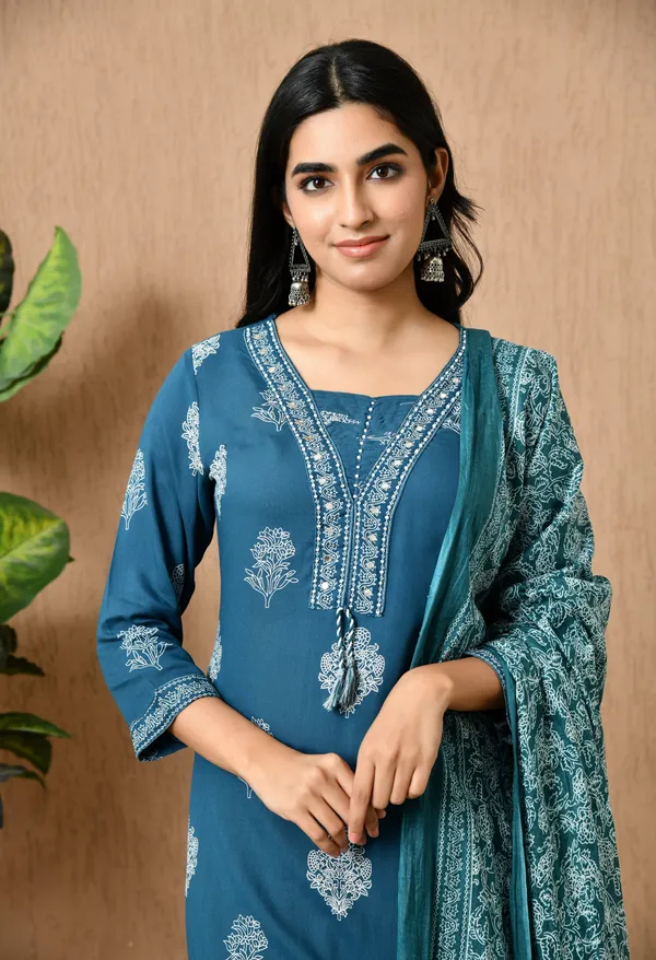 Navy_Blue__Floral_Round_Neck_Kurta_Sets_With_Dupatta_For_Women