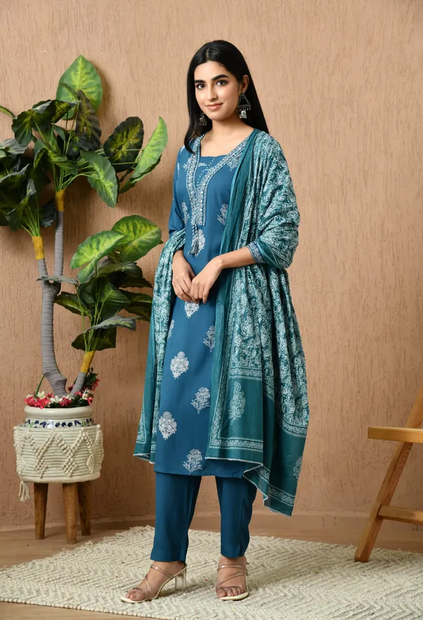 Navy_Blue__Floral_Round_Neck_Kurta_Sets_With_Dupatta_For_Women