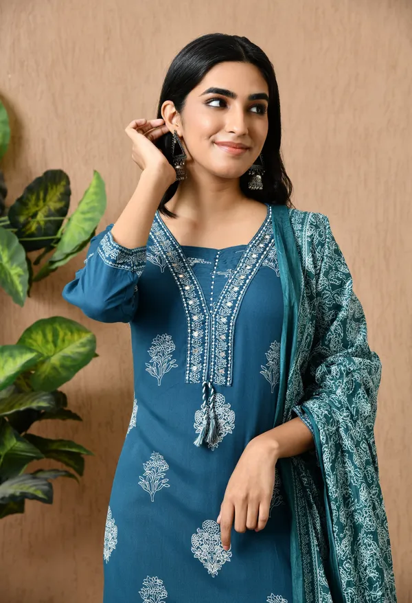 Navy_Blue__Floral_Round_Neck_Kurta_Sets_With_Dupatta_For_Women