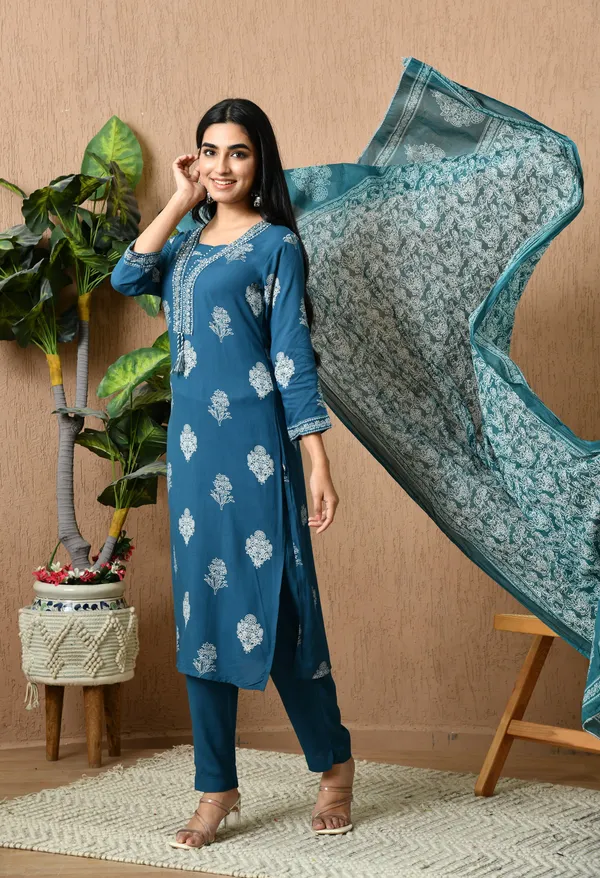 Navy_Blue__Floral_Round_Neck_Kurta_Sets_With_Dupatta_For_Women