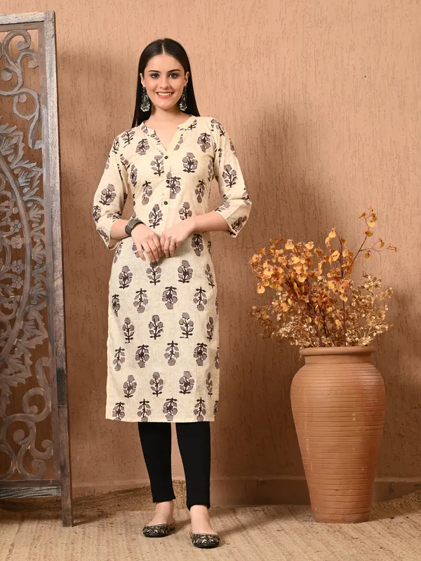 Cream_Beige_Printed_Cotton_Kurta