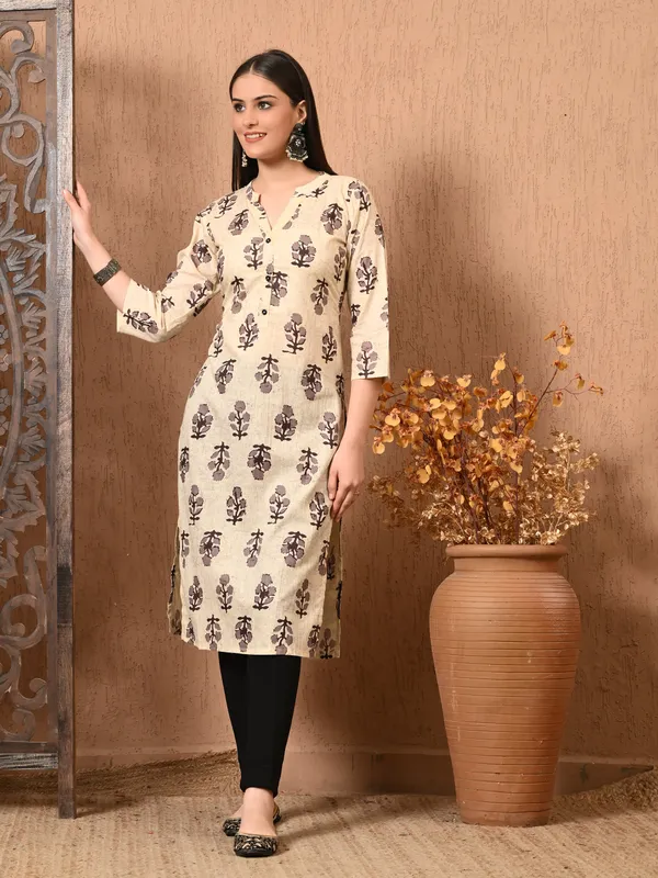 Cream_Beige_Printed_Cotton_Kurta