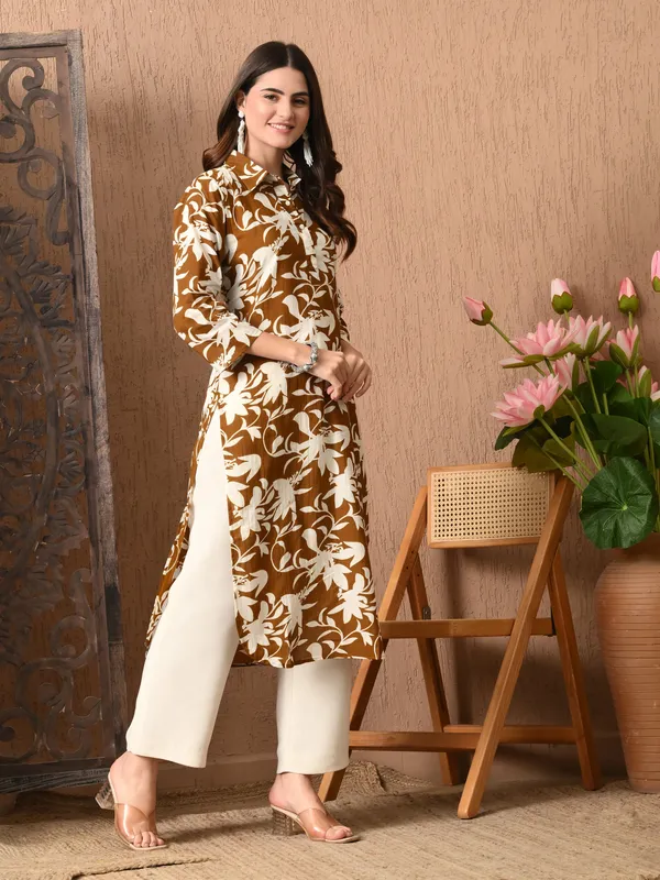 Brown_Printed_Collared_Cotton_Kurta