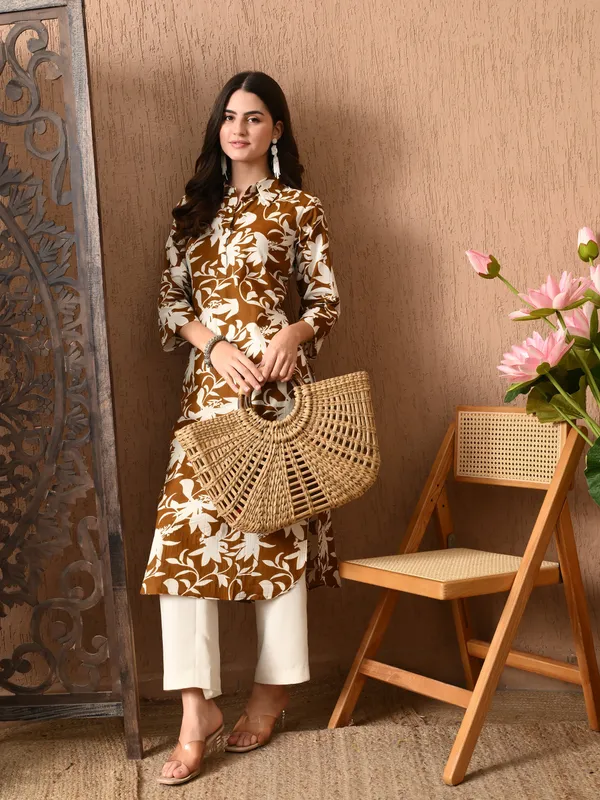 Brown_Printed_Collared_Cotton_Kurta