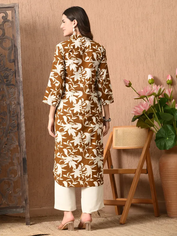 Brown_Printed_Collared_Cotton_Kurta