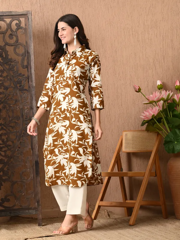 Brown_Printed_Collared_Cotton_Kurta