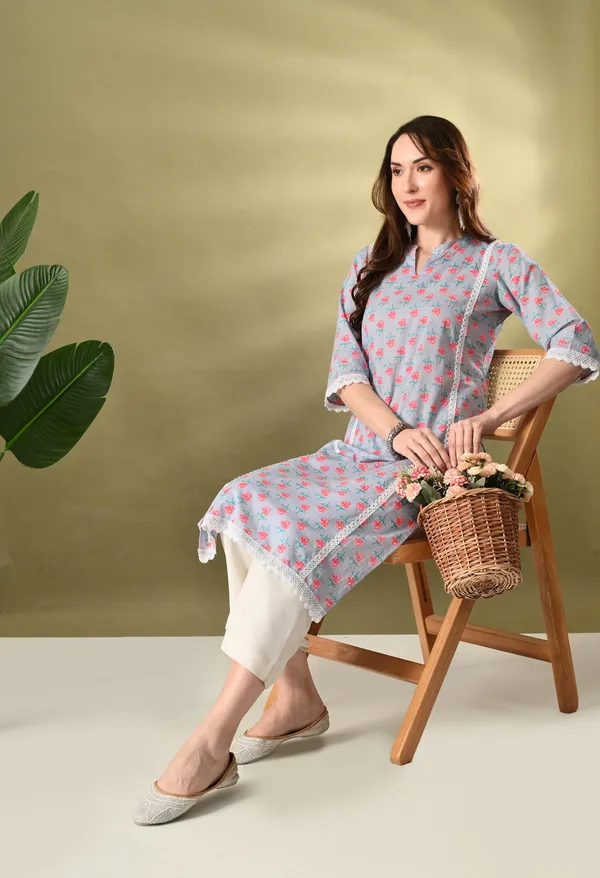 Gray_Floral_Print_Mandarin_Neck_Cotton_Kurta