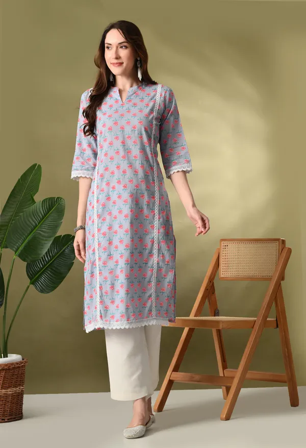 Gray_Floral_Print_Mandarin_Neck_Cotton_Kurta